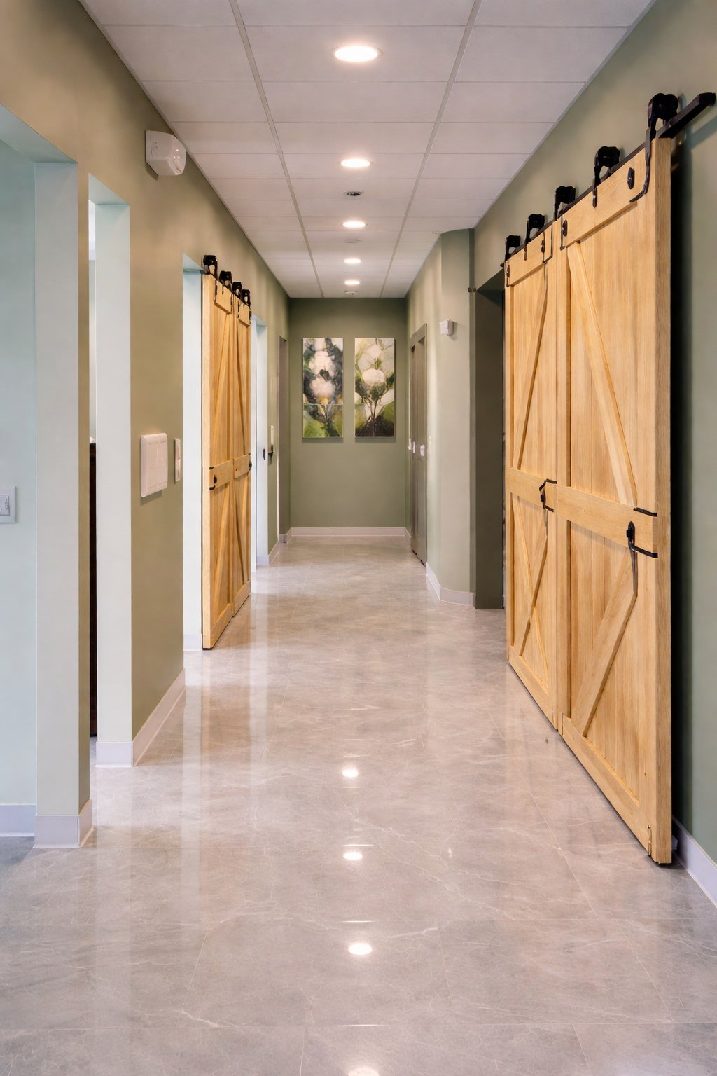 Modern hallway with sliding barn doors leading to private treatment suites at Wilmington Dental, a premier family and cosmetic dentist in Wilmington, DE